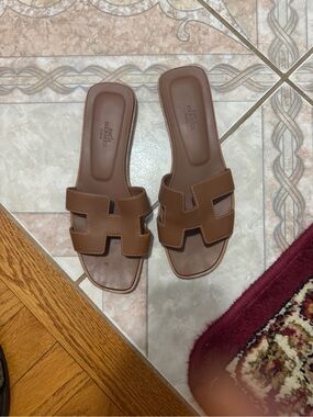 Hermes Brown Leather Oran Slide Sandals